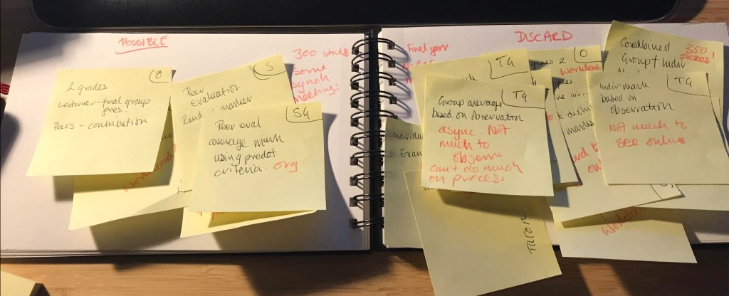 a set of post-it notes showing two piles of marking options for a group test