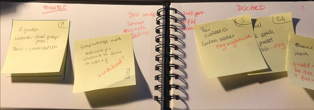 5 post-it notes representing different marking options, sorted into two piles