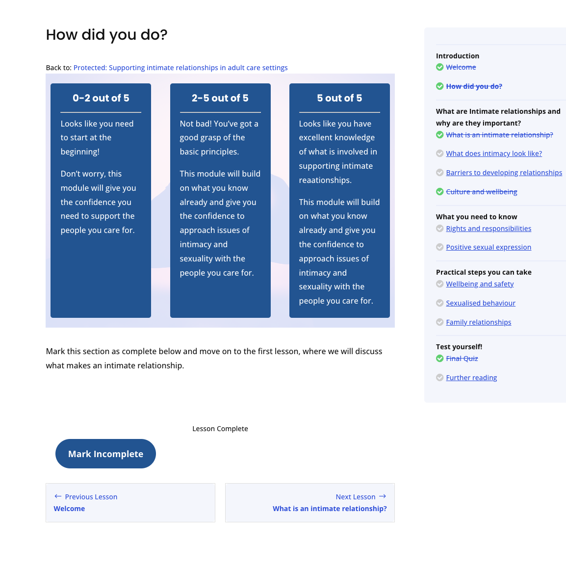 Screenshot showing feedback from a formative quiz at the beginning on a digital learning module. The quiz offers feedback on learners' scores.